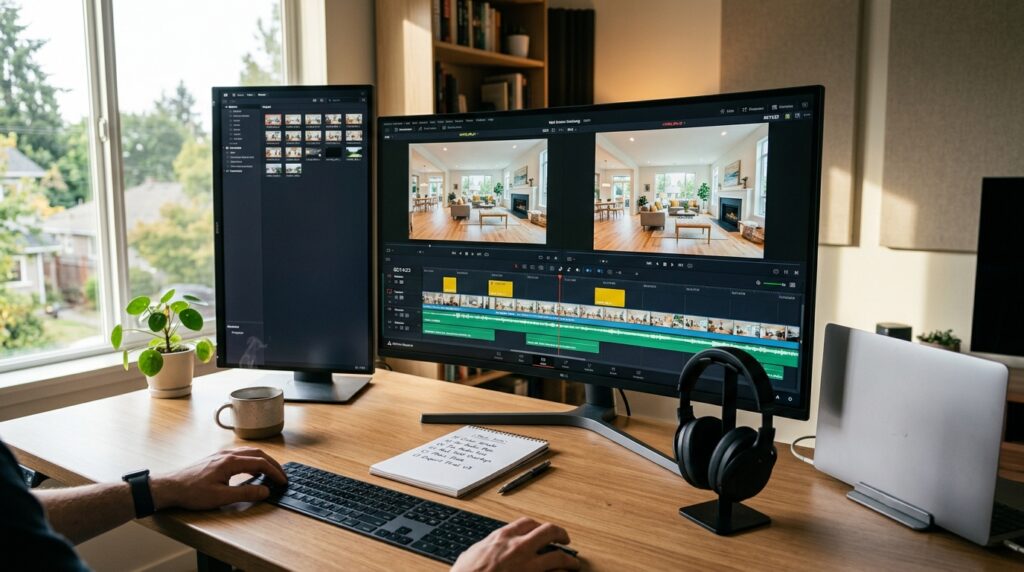 Video editor reviewing a real estate listing video on a timeline editing screen